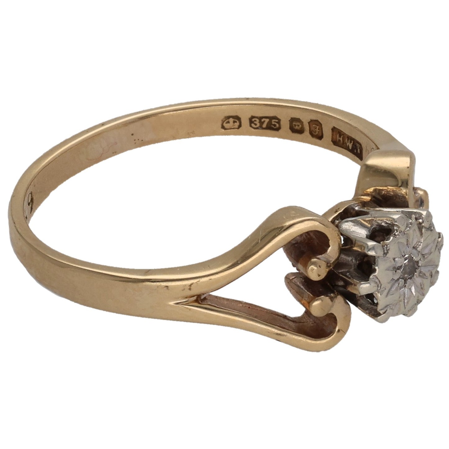 9ct gold solitaire ring side view, round diamond in four prongs, hallmarked band