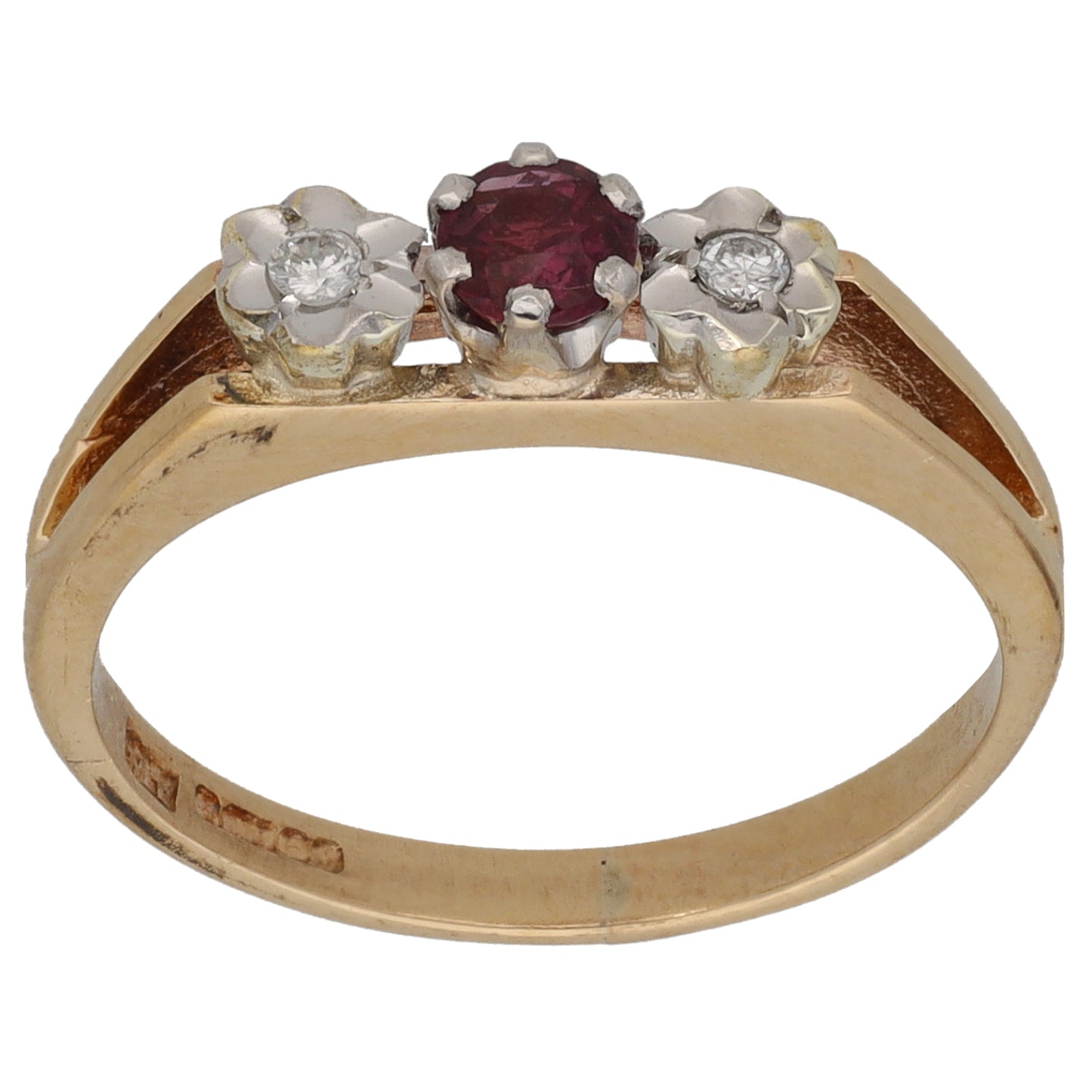 9ct Gold 0.06ct Diamond & Ruby Trilogy Ring Size L
