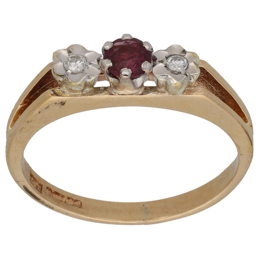 9ct Gold 0.06ct Diamond & Ruby Trilogy Ring Size L