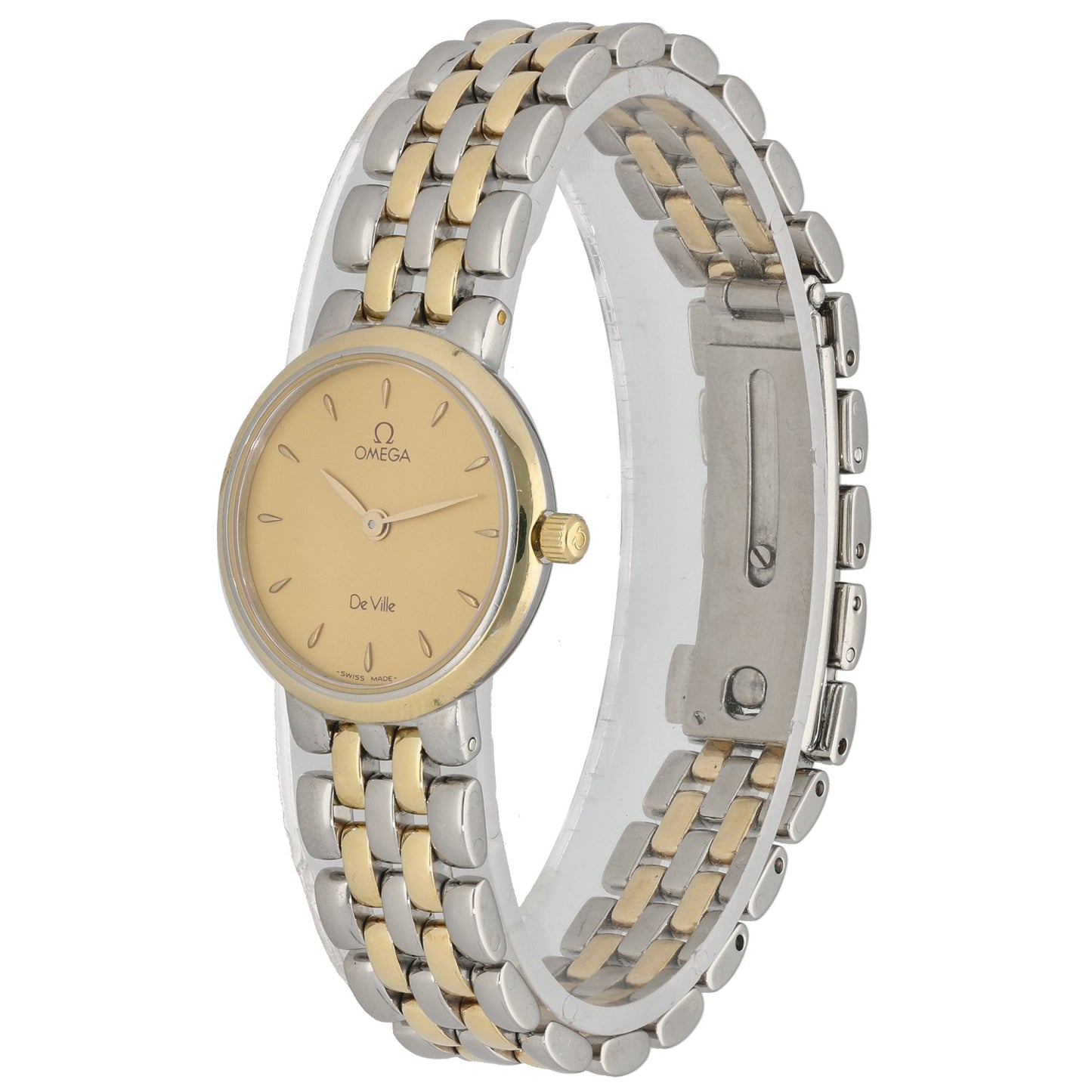 Omega De Ville 7260.11.00 Bicolor stainless steel wristwatch on link bracelet, champagne dial with De Ville text