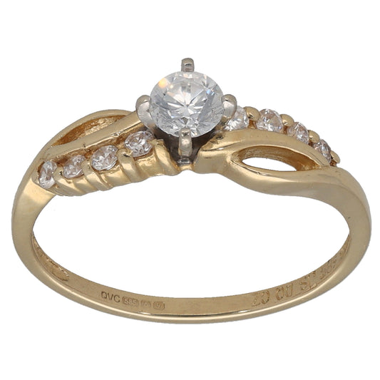 14ct Gold Cubic Zirconia Single Stone Ring with Accent Stones Size M