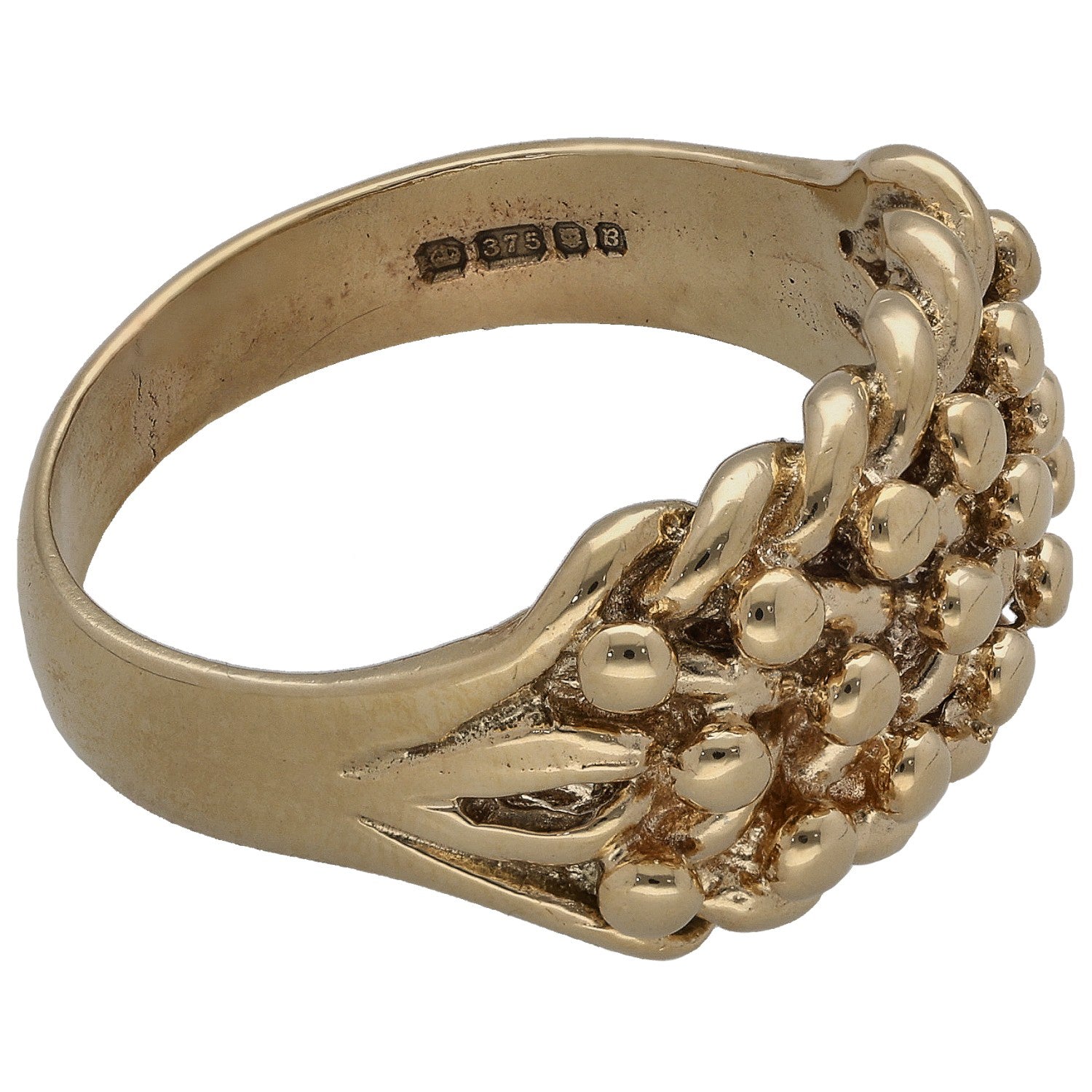9ct gold keeper ring, hallmarked inside, clustered bead detail