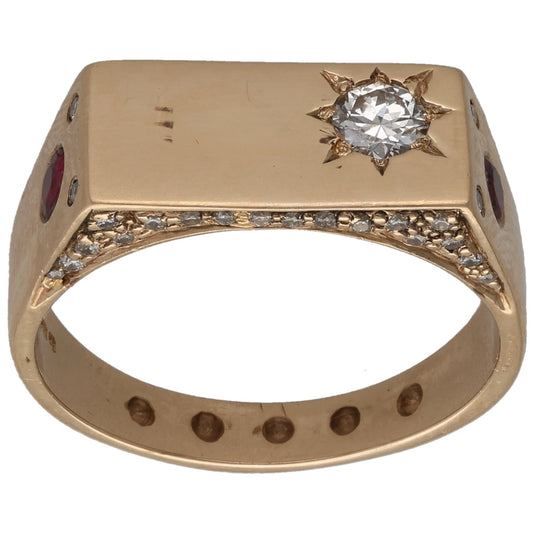 9ct Gold Ruby & 0.45ct Diamond Plain Signet Ring Size P
