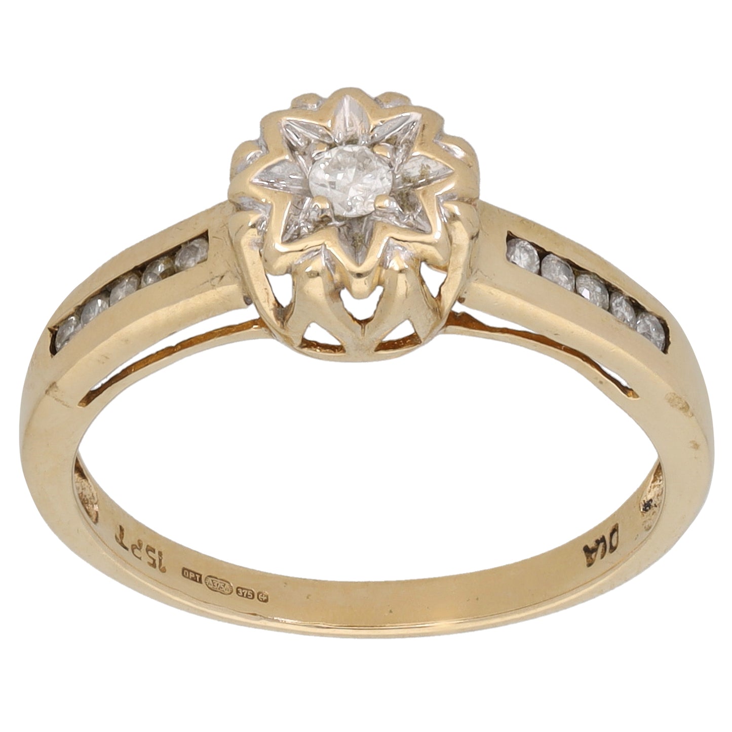 9ct Gold 0.15ct Diamond Solitaire Ring With Accent Stones Size N