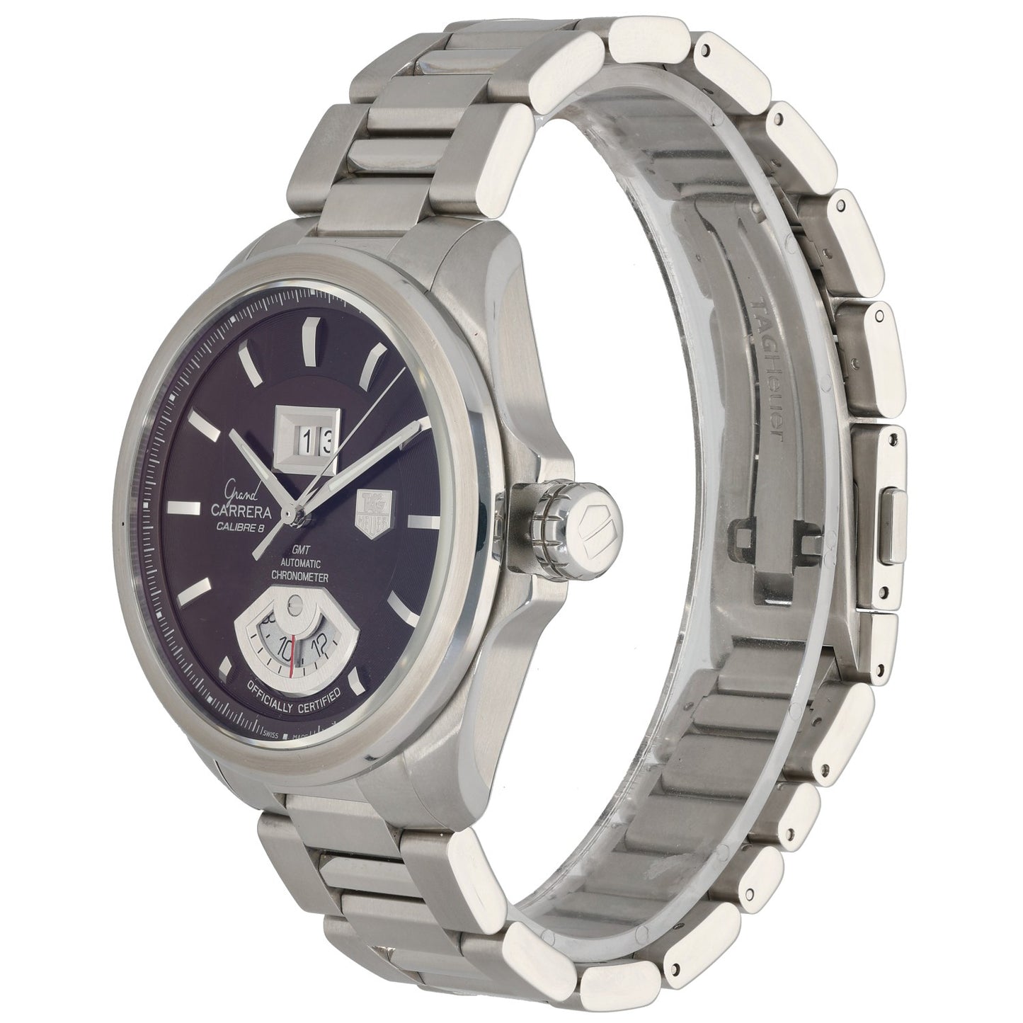 Tag Heuer Carrera WAV5113 watch in stainless steel with purple dial and crown details.