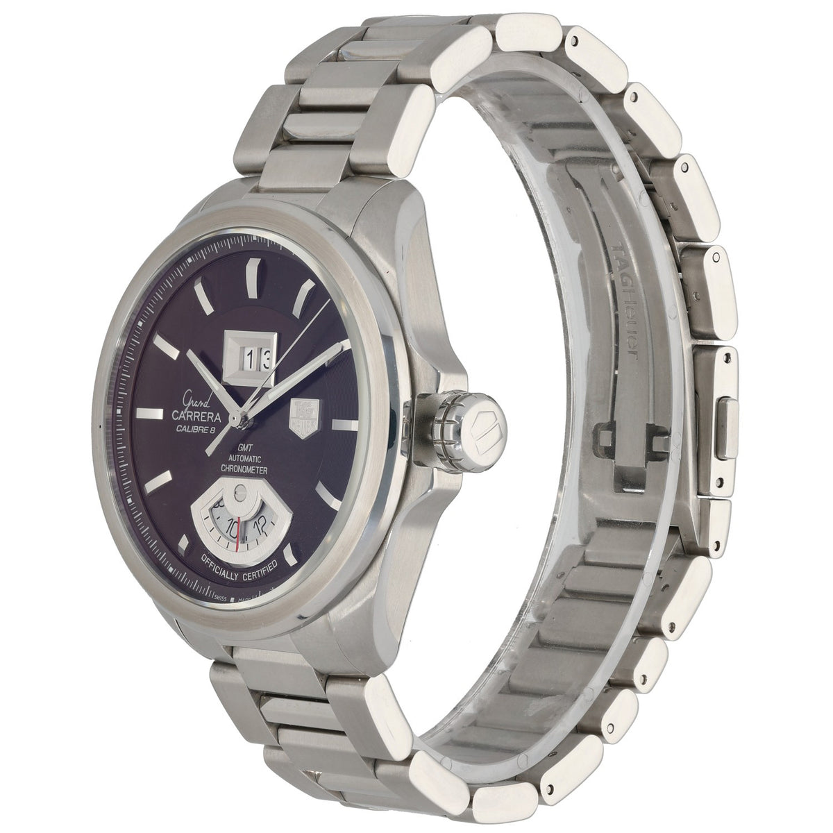 Tag Heuer Carrera WAV5113 watch in stainless steel with purple dial and crown details.