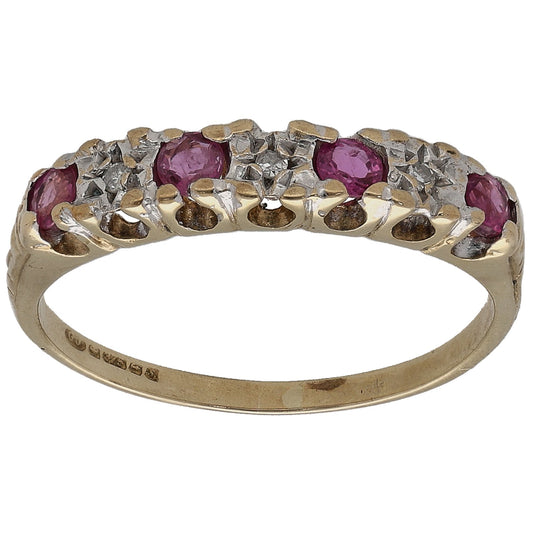 Gold half-eternity ring with ruby stones and round diamond settings across the top
