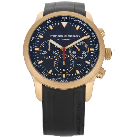 Porsche Design Dashboard P6612 Gold-tone chronograph-style watch with black dial, orange accents, and black rubber strap