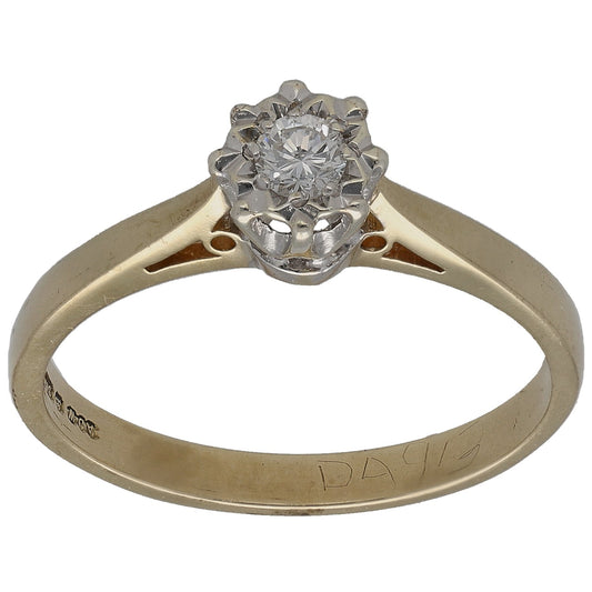 9ct gold solitaire ring with round diamond center, prong-set