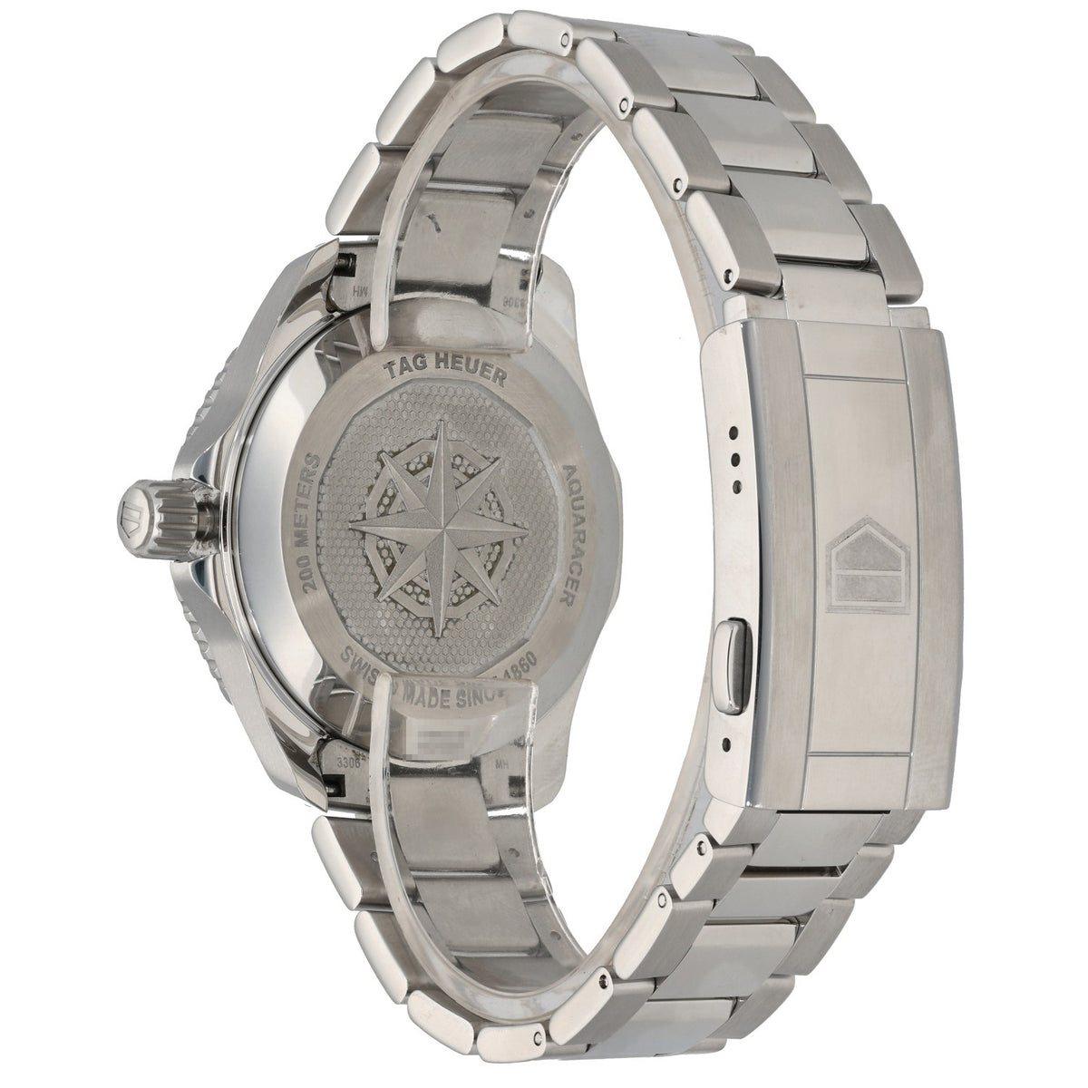 Tag Heuer Aquaracer WBP2115, stanless steel caseback showing a compass, with a stainless steel link bracelet