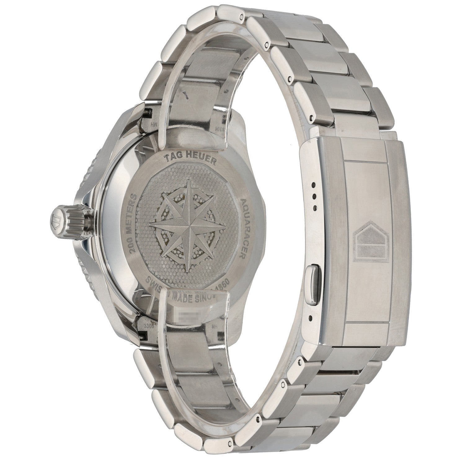 Tag Heuer Aquaracer WBP2115, stanless steel caseback showing a compass, with a stainless steel link bracelet