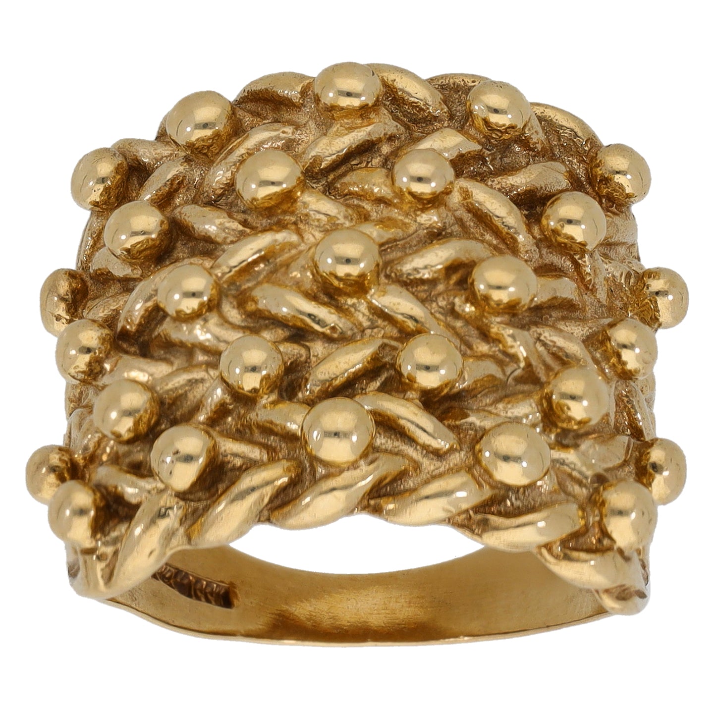 Gold keeper ring, textured bead and ridged swirl top with open band