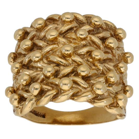 Gold keeper ring, textured bead and ridged swirl top with open band