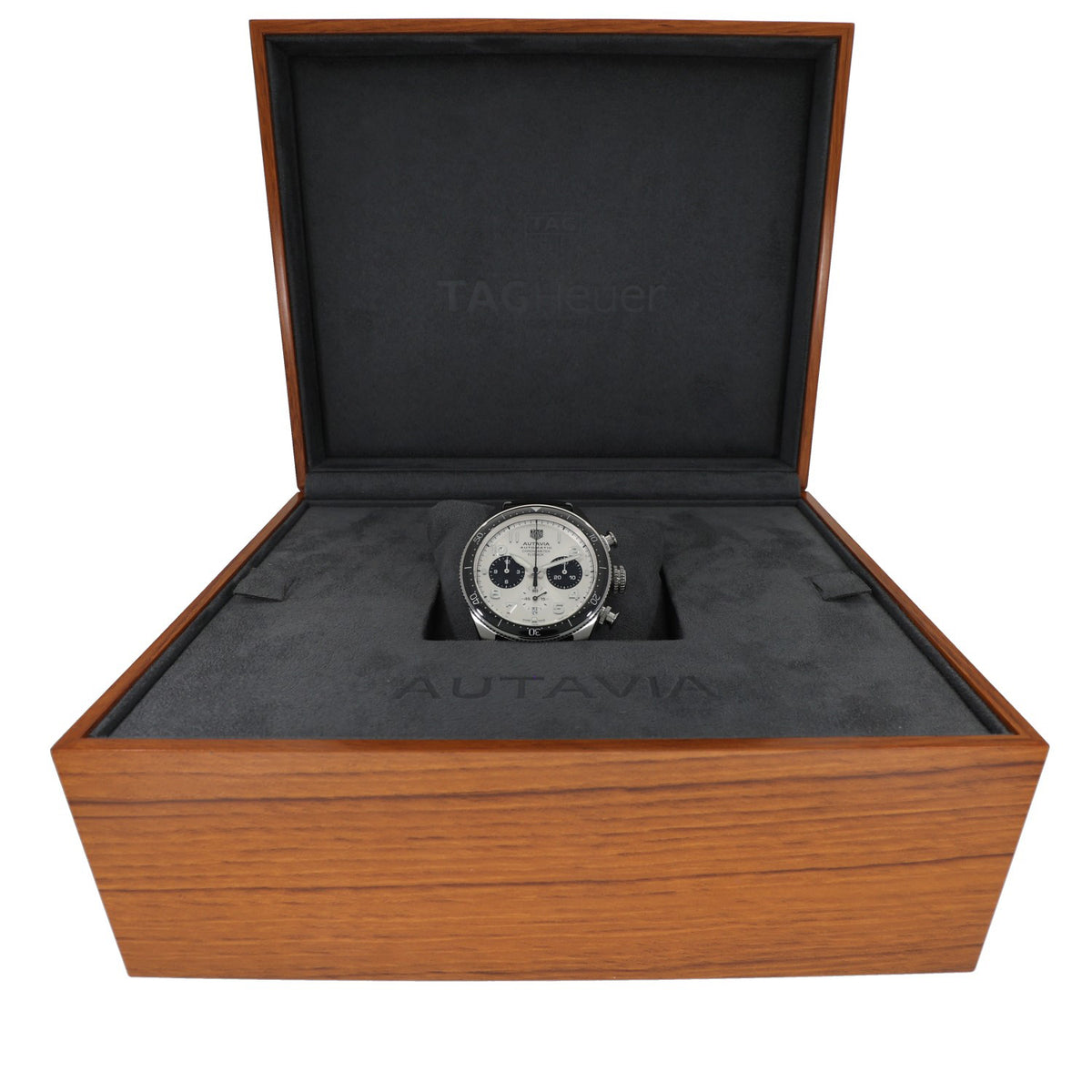 Tag Heuer Autavia 60th Anniversary Flyback Chronograph CBE511B, white dial with subdials in stainless steelncase with adjustable leather bracelet, wodeen and suede box