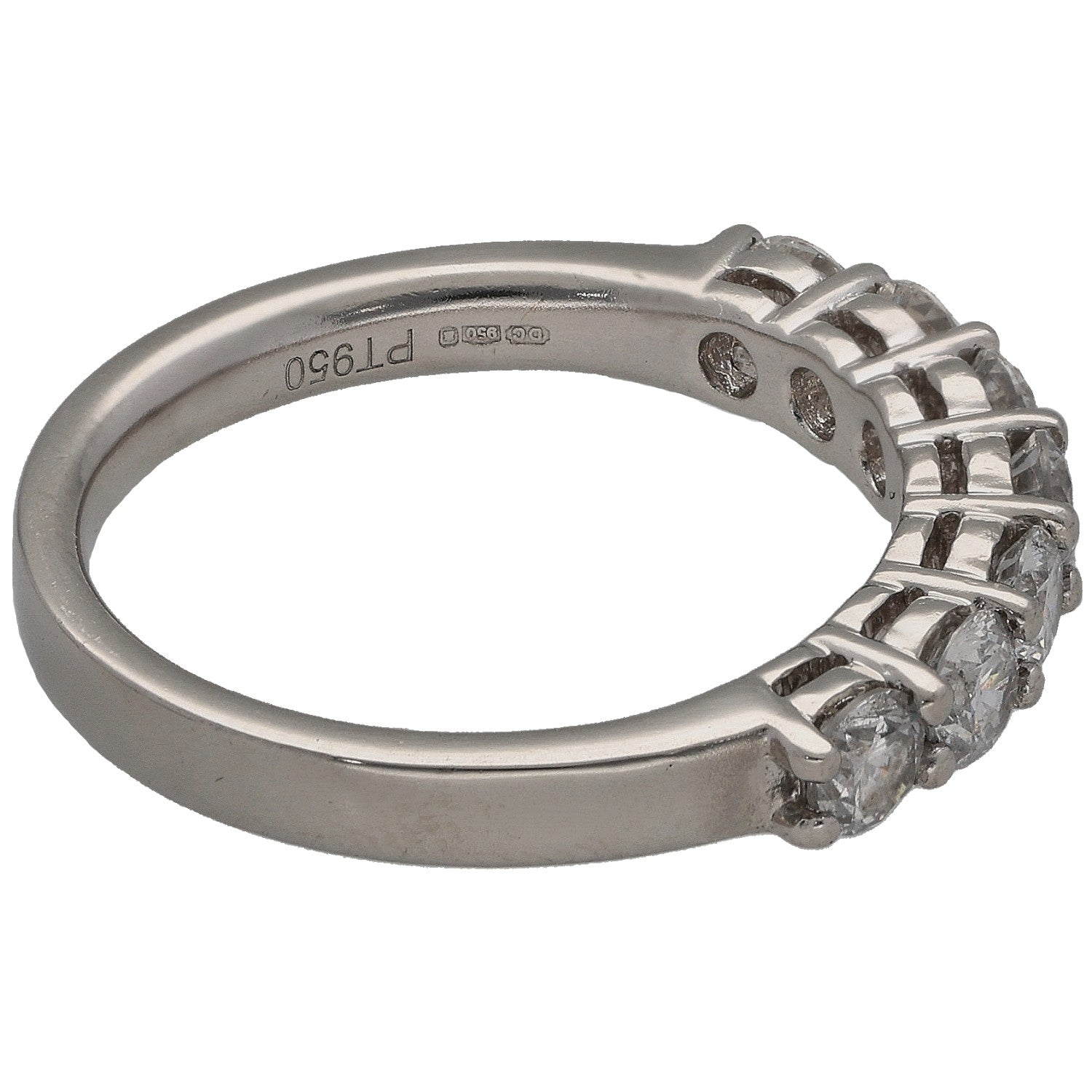 Platinum half eternity diamond ring side view, prong-set round stones and band engraving