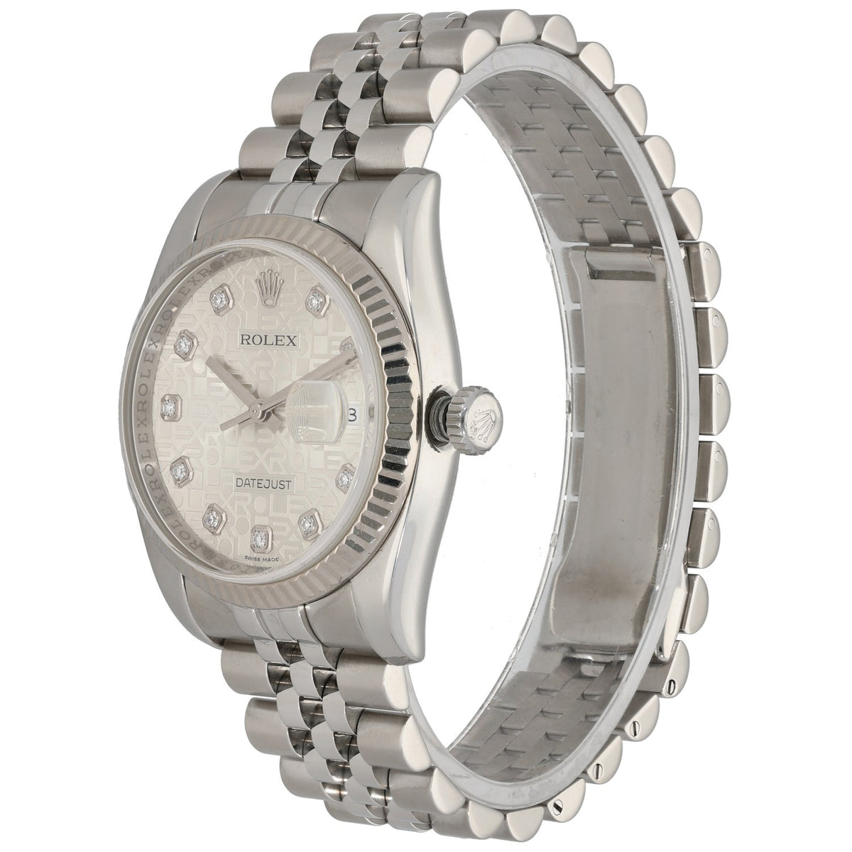 Rolex Datejust 116234 stainless steel wristwatch, side view with fluted bezel and light dial