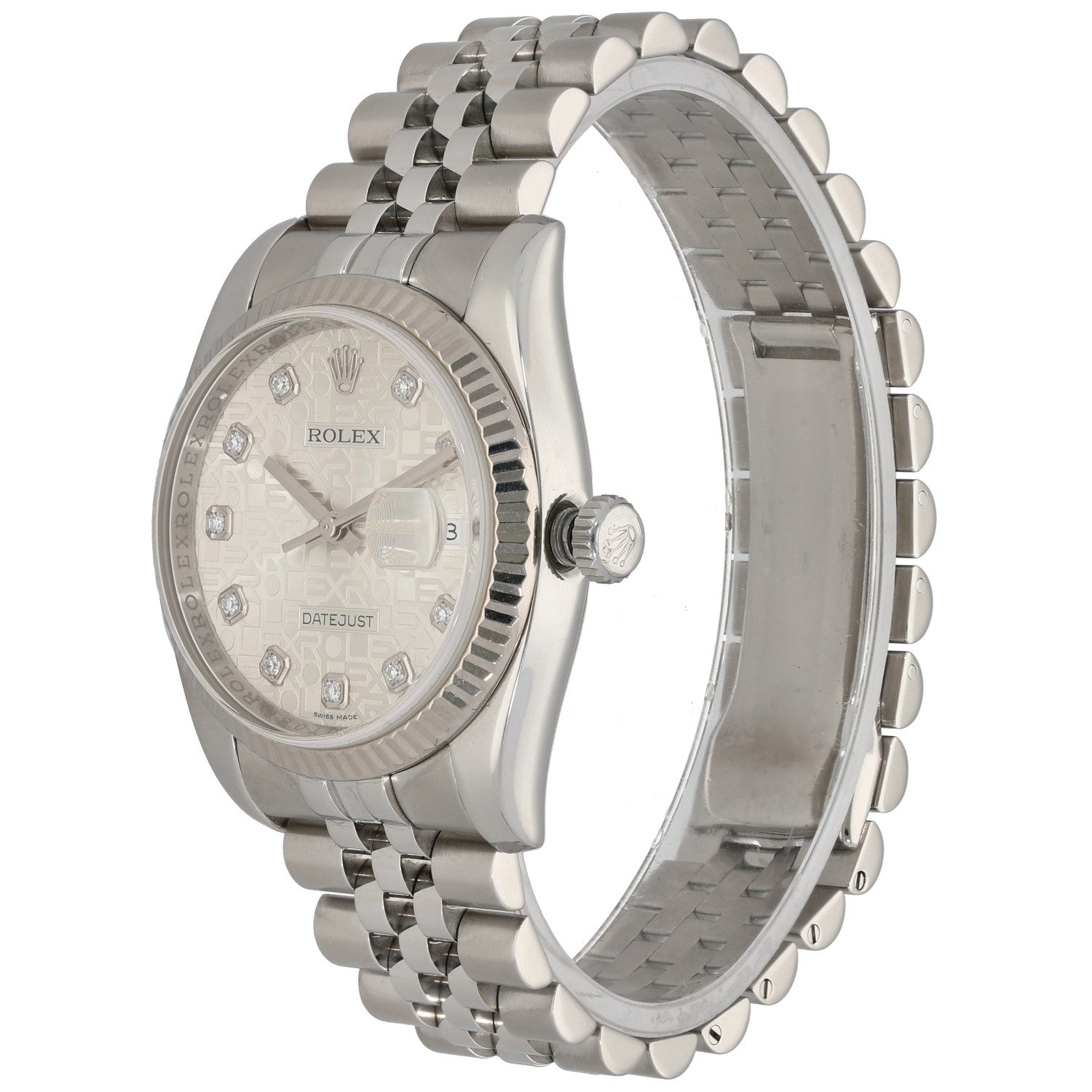 Rolex Datejust 116234 stainless steel wristwatch, side view with fluted bezel and light dial