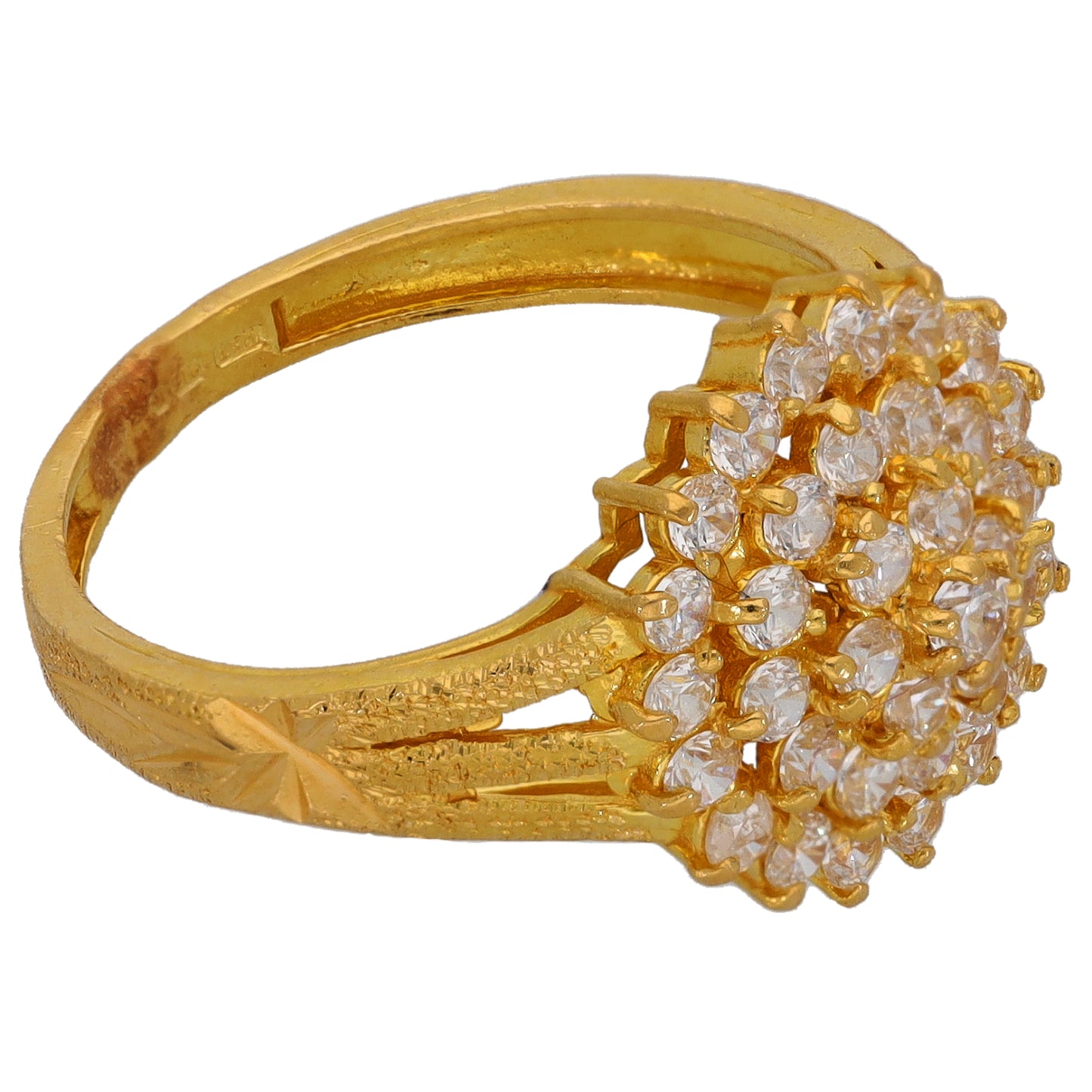 22ct Gold-tone cocktail ring with clustered round clear CZ stones around the top
