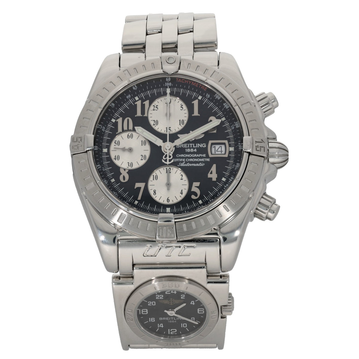 Breitling Chronomat Evolution A13356 Stainless steel chronograph watch with black dial, subdials, and bracelet links
