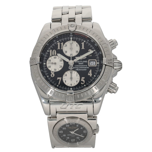 Breitling Chronomat Evolution A13356 Stainless steel chronograph watch with black dial, subdials, and bracelet links