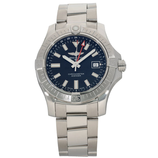 Breitling Avenger A32397 Stainless steel wristwatch with blue dial, chronograph hands, and metal bracelet