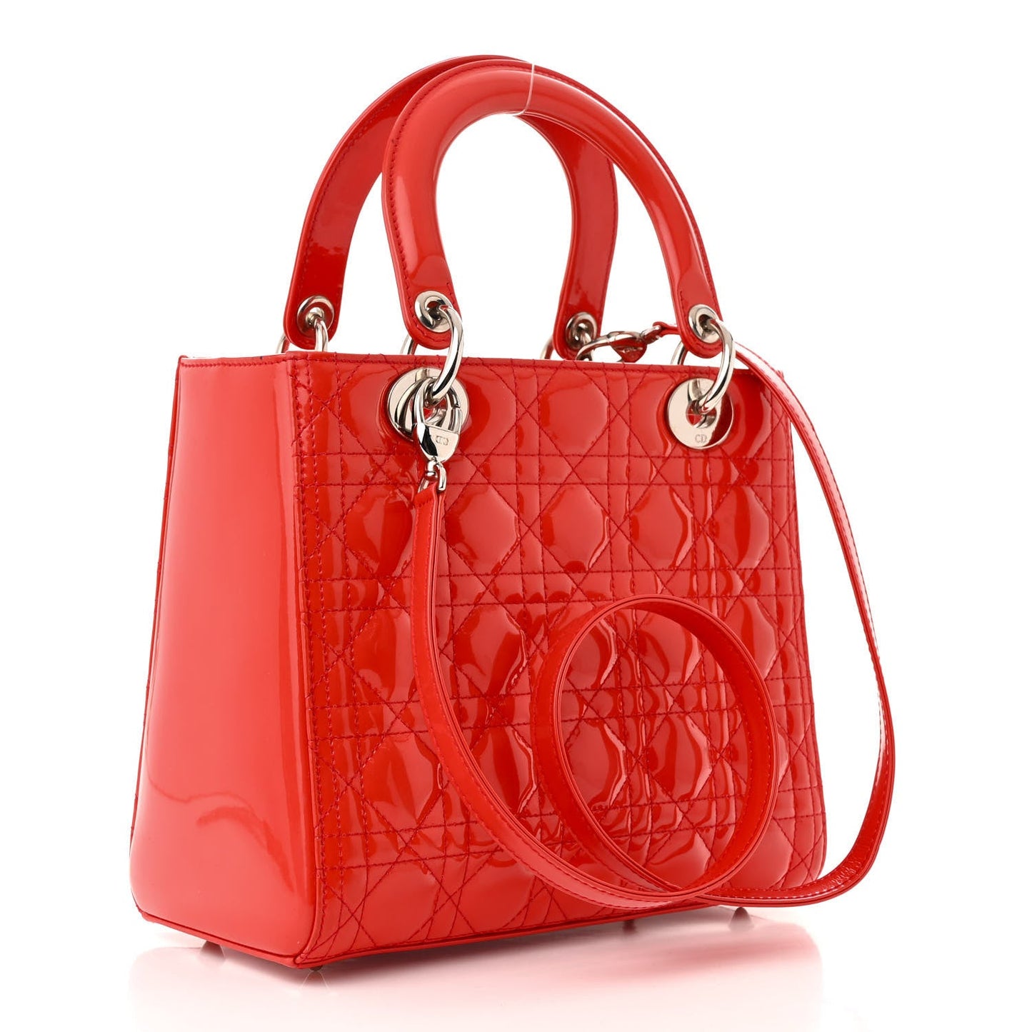 Christian Dior Patent Lady Dior SHW Cannage Tote Leather Bag - Red