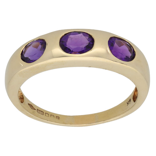 9ct Gold Amethyst Trilogy Ring Size P