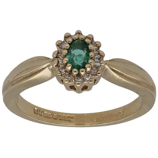 Gold dress ring with round green emerald and diamond halo, size L
