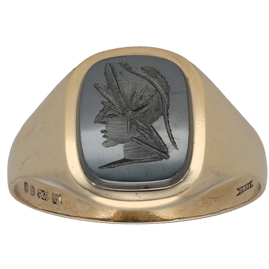 9ct Gold Hematite Patterned Single Stone Signet Ring Size W