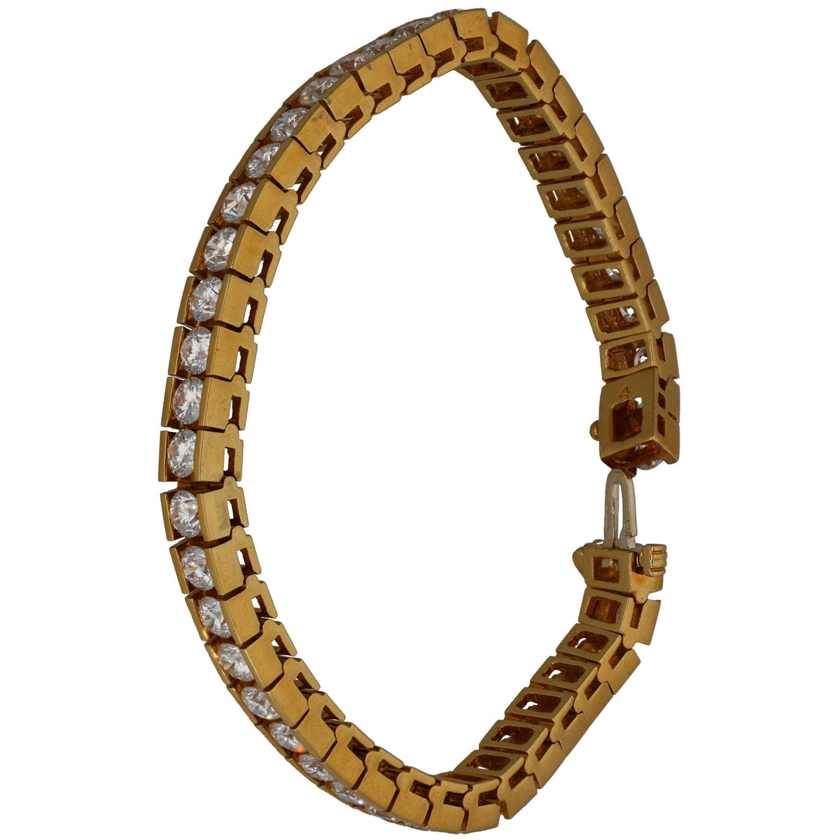 Gold tennis bracelet with round diamonds, open link design, box clasp end visible