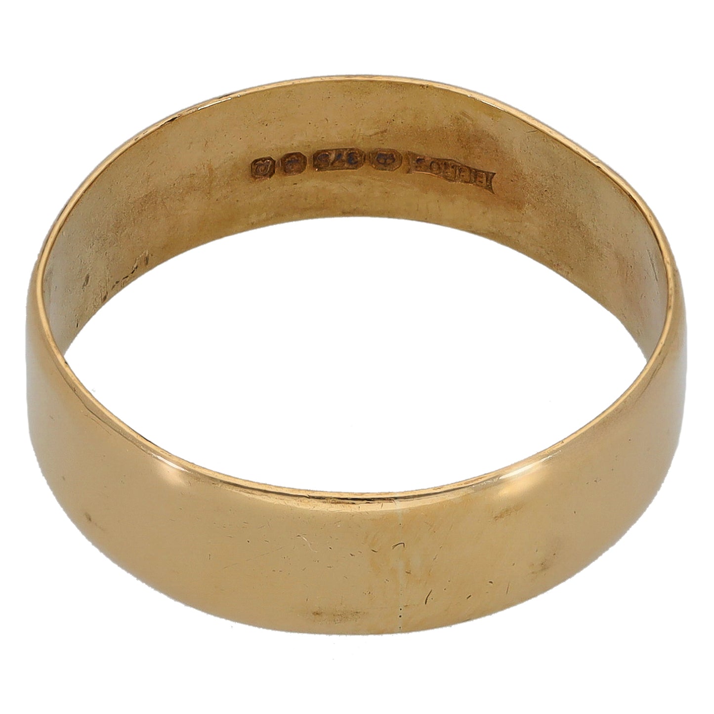 9ct gold plain wedding ring with inside hallmark stamps, size R