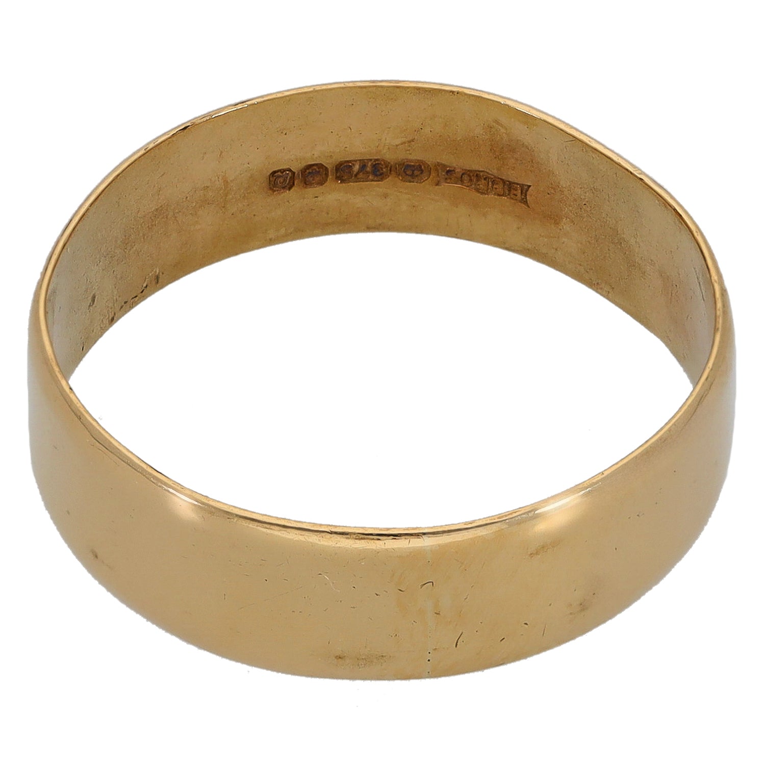 9ct gold plain wedding ring with inside hallmark stamps, size R