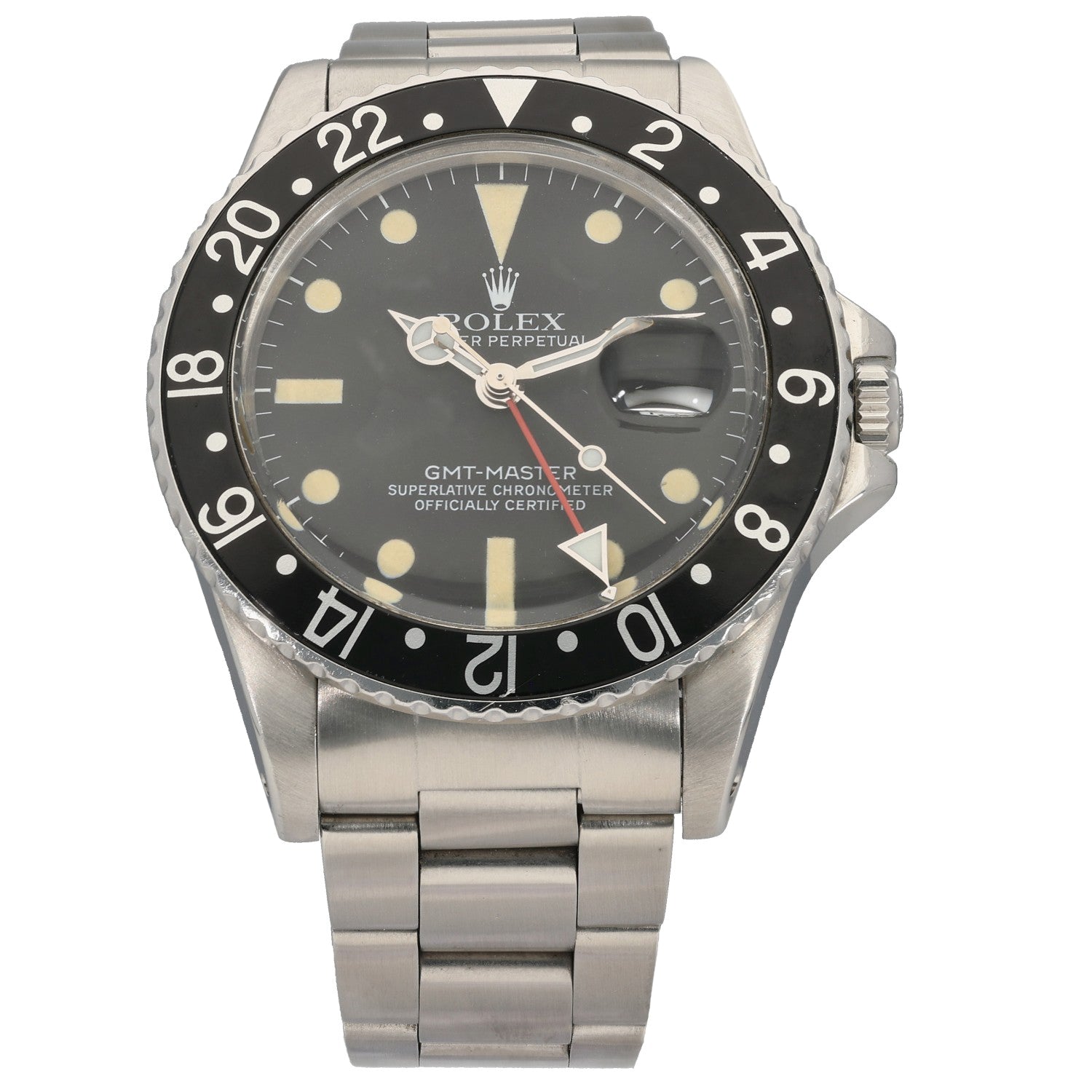 Stainless steel GMT-Master watch with black dial and black bezel, metal bracelet