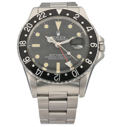 Stainless steel GMT-Master watch with black dial and black bezel, metal bracelet