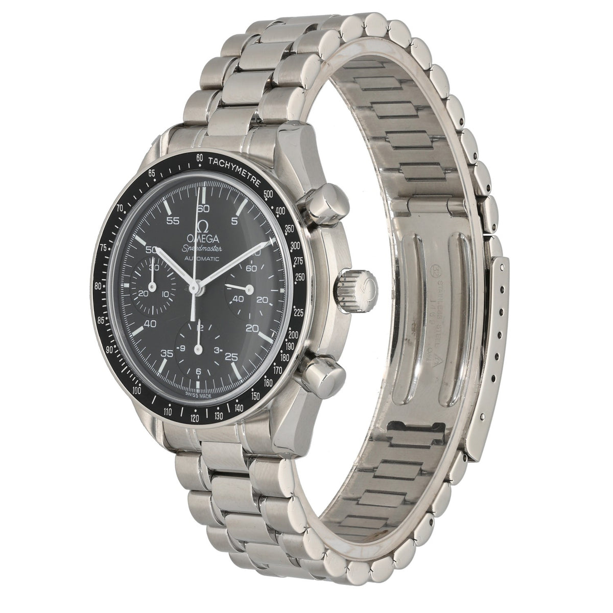 Omega Speedmaster 3510.50.00 Moonwatch, with tachymetre bezel and stainless steel case and bracelet, front angle