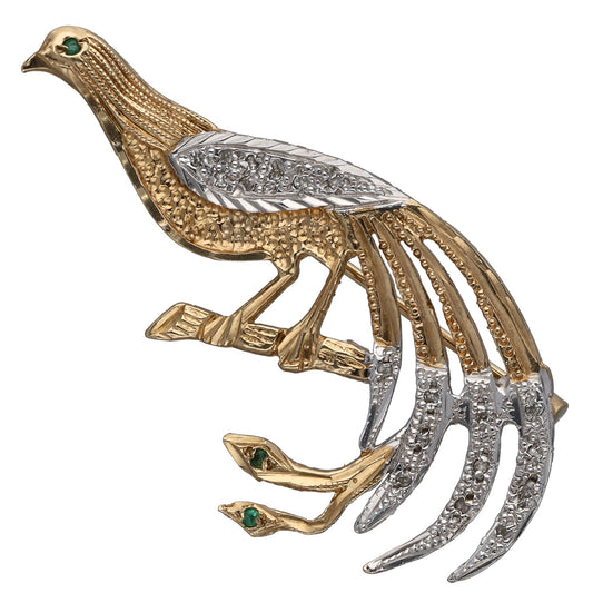 9ct Gold Emerald & 0.09ct Diamond Peacock Dress Brooch
