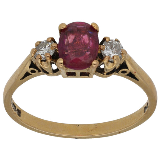 9ct Gold Diamond & Ruby Three Stone Ring Size O