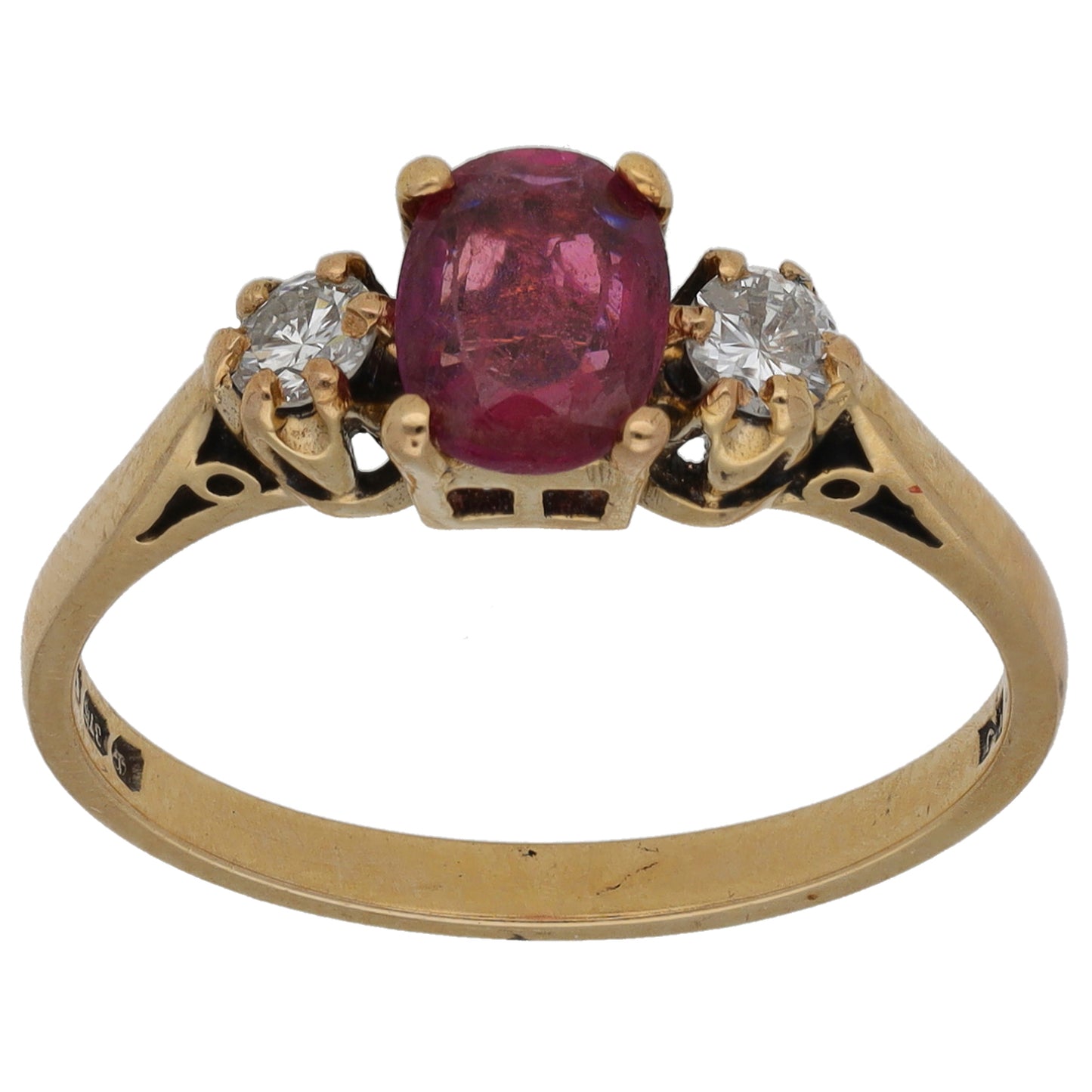 9ct Gold Diamond & Ruby Three Stone Ring Size O