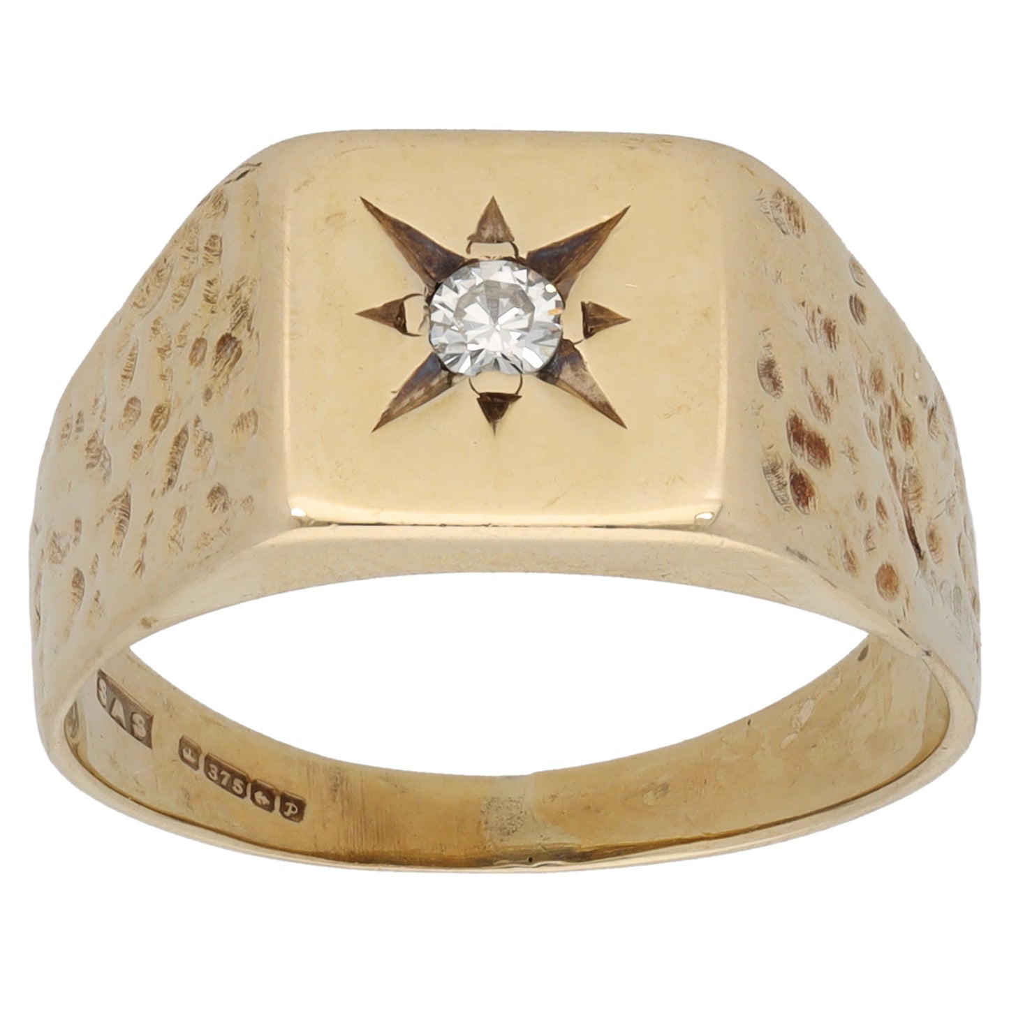 9ct Gold 0.07ct Diamond Single Stone Patterned Signet Ring Size R