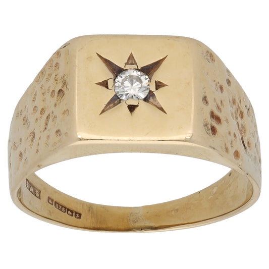 9ct Gold 0.07ct Diamond Single Stone Patterned Signet Ring Size R