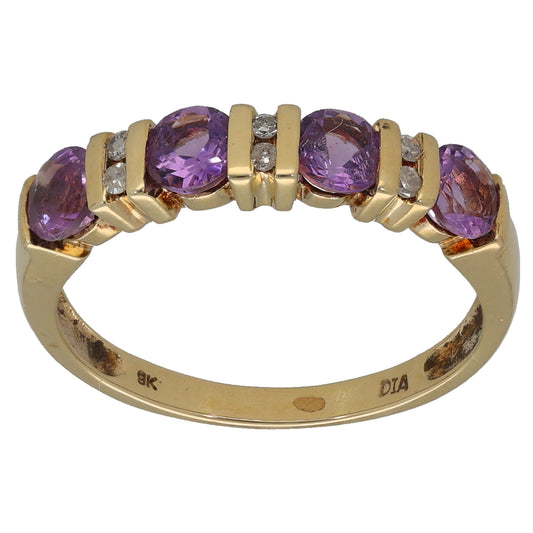 9ct Gold Amethyst & 0.06ct Diamond Half Eternity Ring Size P