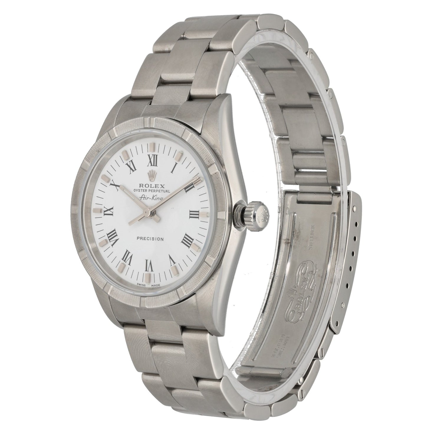 Rolex Air King 14010M, with white dial and Roman Numeral hour markers, in stainless steel case, front angle image