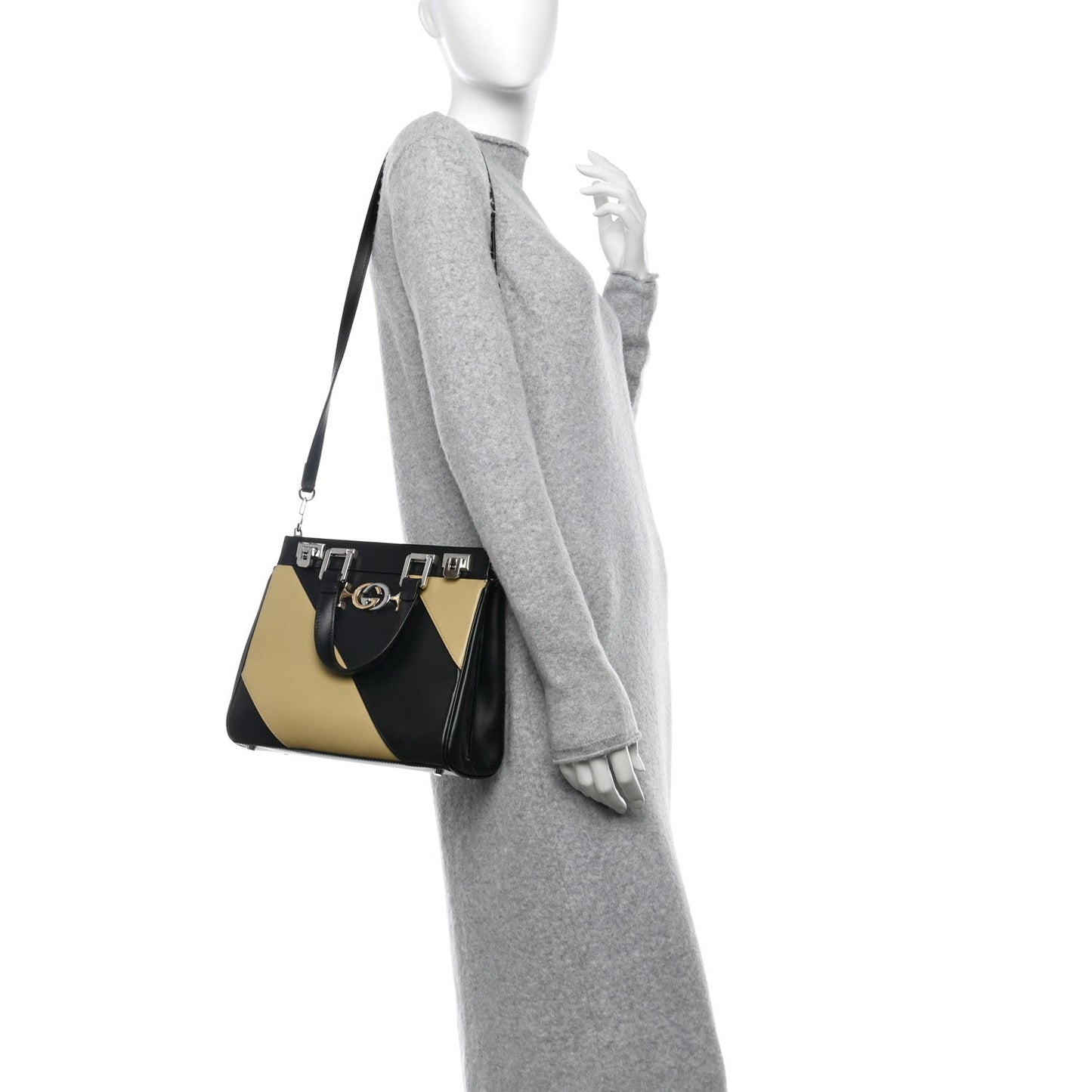 Gucci Zumi Diagonal Stripe Top Handle Calfskin Leather Bag - Black & Beige