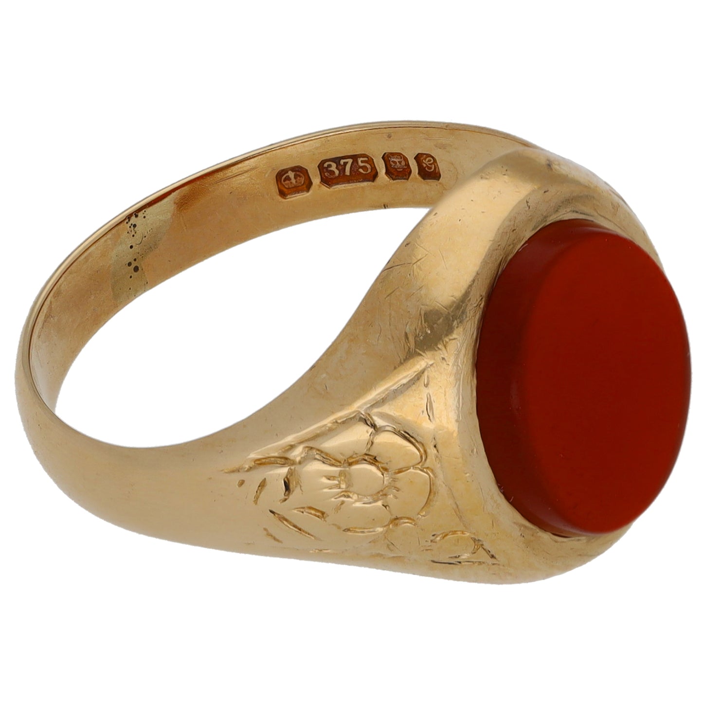 9ct Gold Carnelian Single Stone Patterned Signet Ring Size R