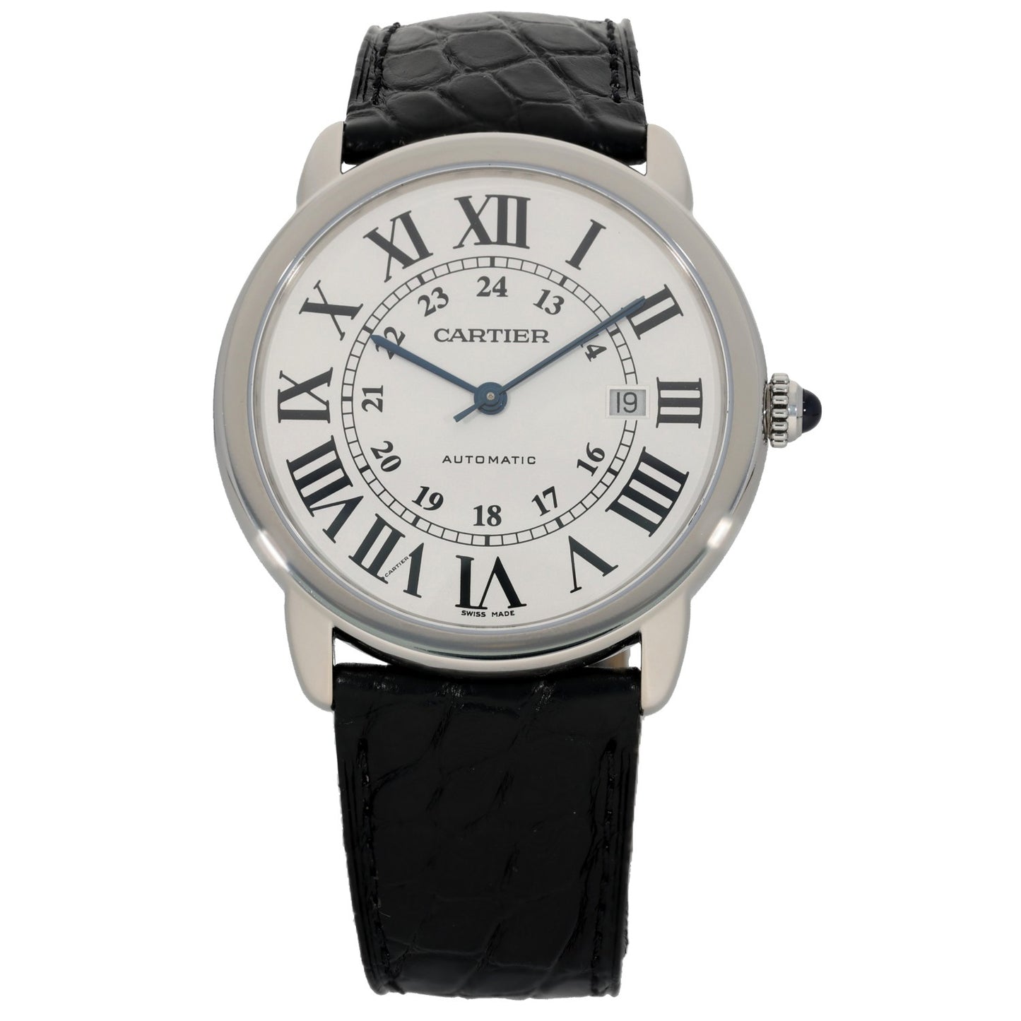 Cartier Ronde Solo 3517 Stainless steel wristwatch with black leather strap, silver dial, Roman numerals
