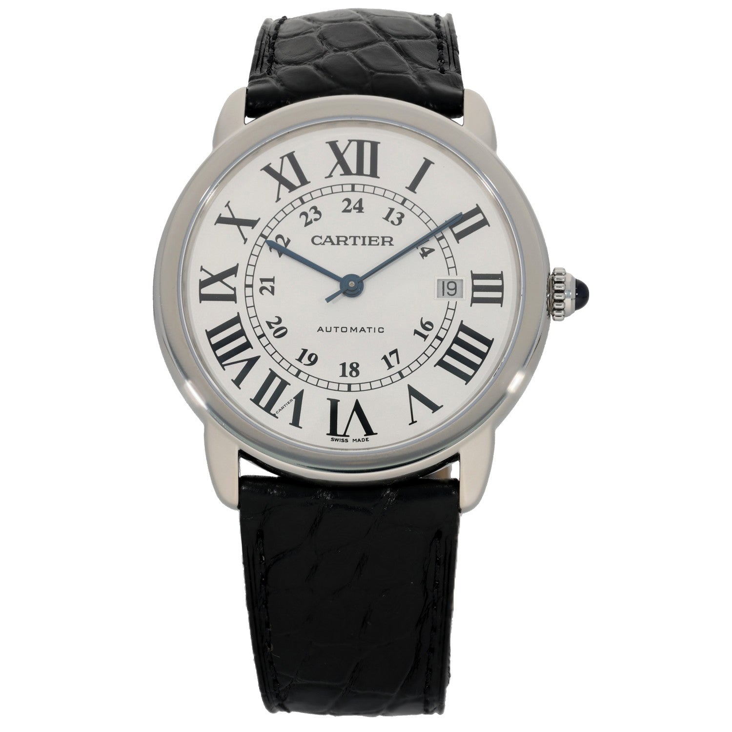Cartier Ronde Solo 3517 Stainless steel wristwatch with black leather strap, silver dial, Roman numerals