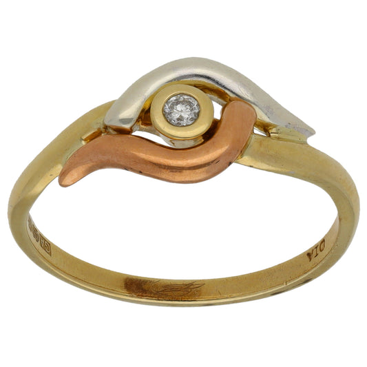 9ct Tricolour Gold 0.03ct Diamond Solitaire Ring Size Q