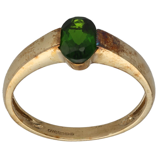 9ct gold ring with oval green diopside single stone, bezel setting