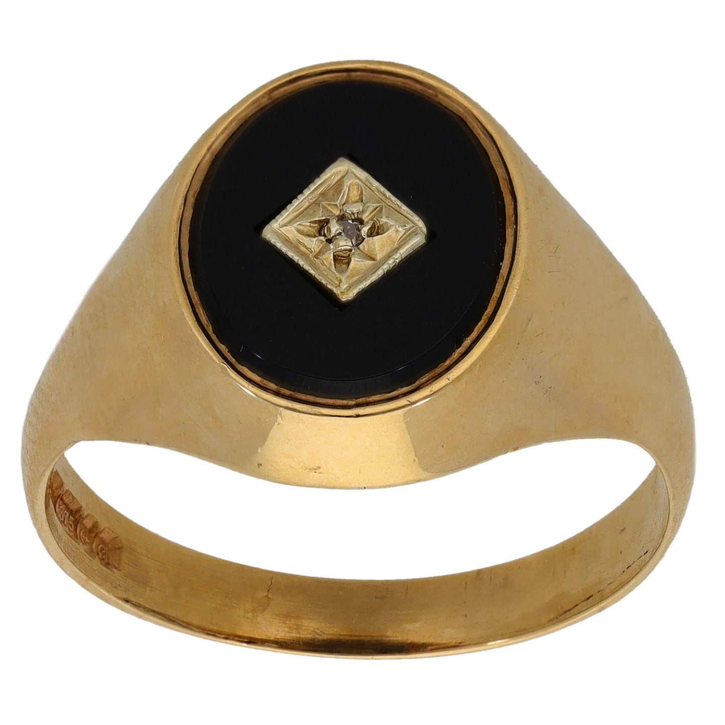 9ct Gold Onyx & 0.005ct Diamond Plain Signet Ring Size V