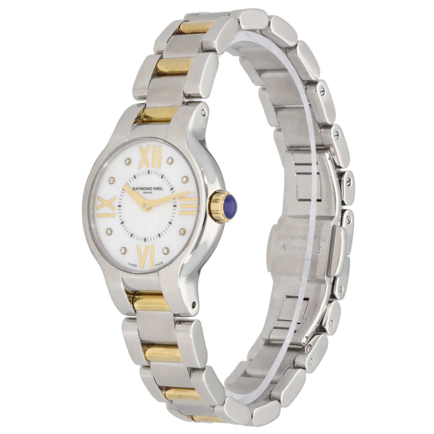 Raymond Weil Noemia 5927 Bi-colour metal wristwatch with white face and gold-tone bezel accents, side view